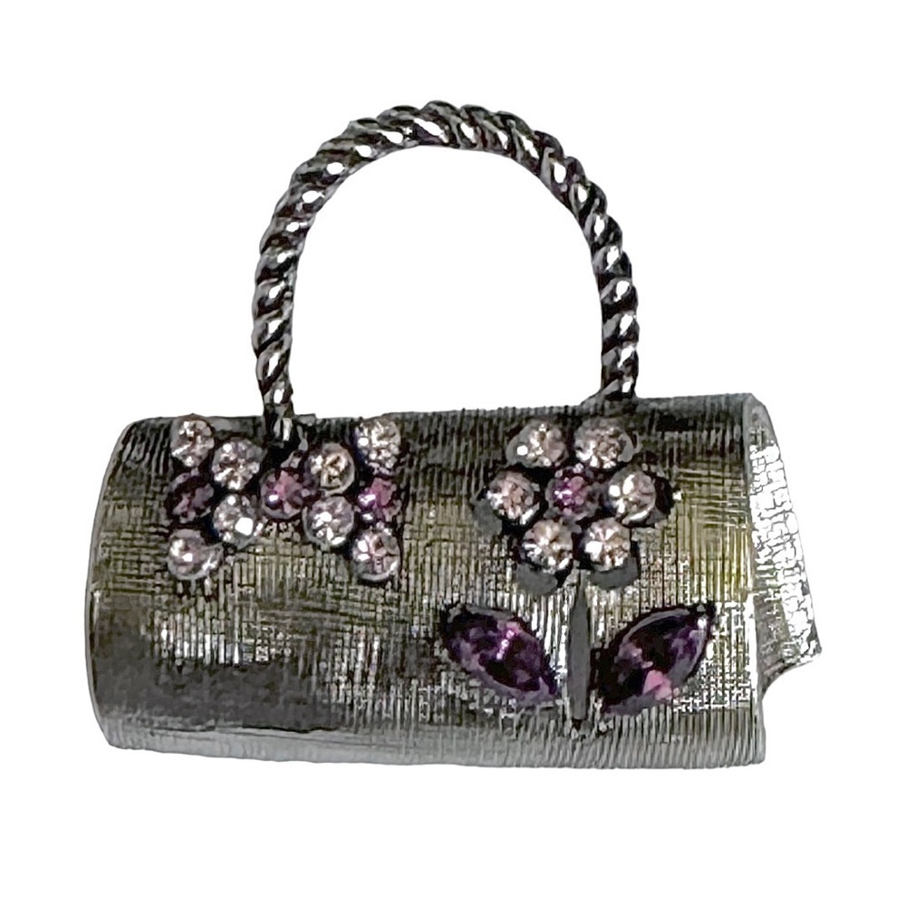 JHS Vintage Silver Tone Purple Rhinestone Flower Purse Brooch